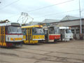 Vozy T3M č. 215+216, T3 204+194, KT8D5 č. 298 a T3 č. 107+108 na venkovních stáních vozovny Slovany - březen 2002