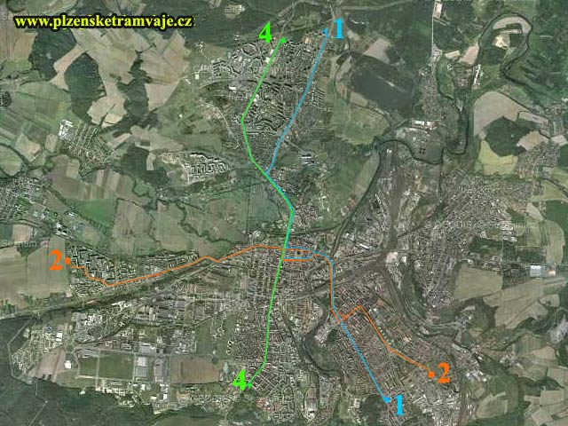 Plze�sk� tramvajov� linky vyzna�en� na leteck� sn�mku z mapy.cz