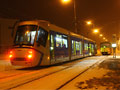 Tramvaj Škoda 19T spolu s T3R.P č. 281 při zkouškách v Bolevci u zastávky Okounová 30. 11. 2010