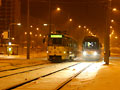 Tramvaj Škoda 19T spolu s T3R.P č. 281 při zkouškách v Bolevci u zastávky Okounová 30. 11. 2010