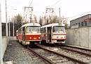 Soupravy 101+102 a 239+240 na linkách č. 5 a 3 v Malesické v dubnu 1995, foto: M. Janda