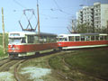 Vozy T2 č. 133 a 159 na konečné Skvrňany 2. 5. 1986 Foto: J. Hertl, archiv Jiřího Hertla (SPVD)