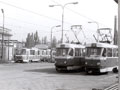 Vozy T3 č. 235 a 201 se vozem KT8D5 ve vozovně Slovany 6. 9. 1990 
Foto: L. Podivín