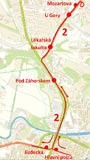 Odklon linky č. 2 v úterý večer - mapka z webu PMDP